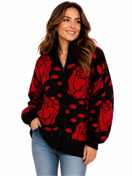 Winterset Sweaters - Vintage Winterset Black & Red Floral Zip-Up Sweater Jacket